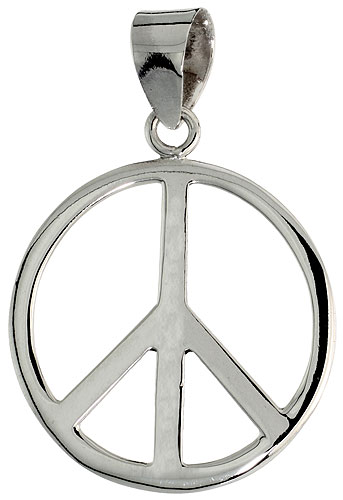 Sterling Silver Peace Sign Pendant, w/ 18&quot; Thin Box Chain, 1 1/16&quot; (27 mm) tall 