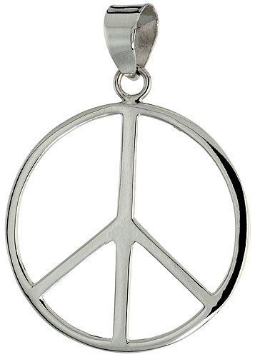 Sterling Silver Peace Sign Pendant, w/ 18&quot; Thin Box Chain, 1 1/4&quot; (32 mm) tall 