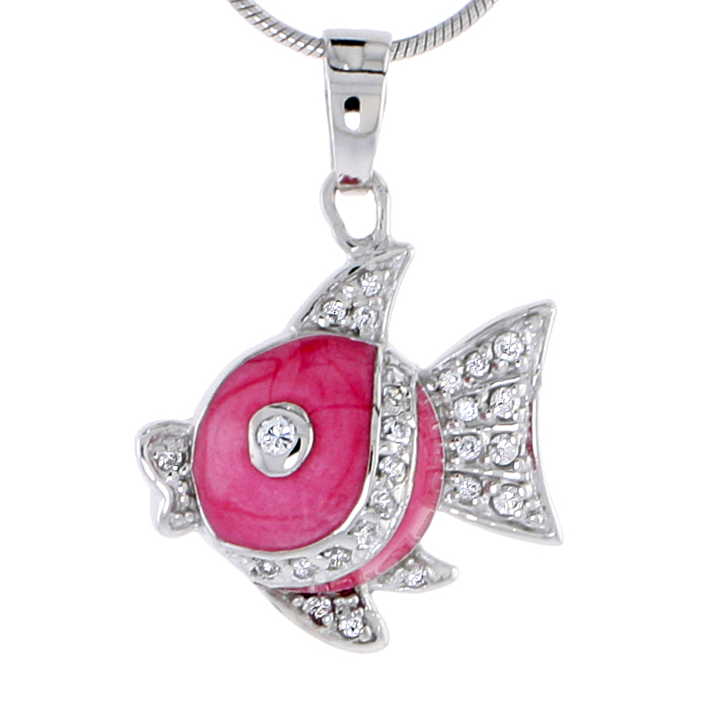 Sterling Silver Jeweled Fish Pendant, w/ Cubic Zirconia stones &amp; Pink Enamel, 13/16&quot; (21 mm)
