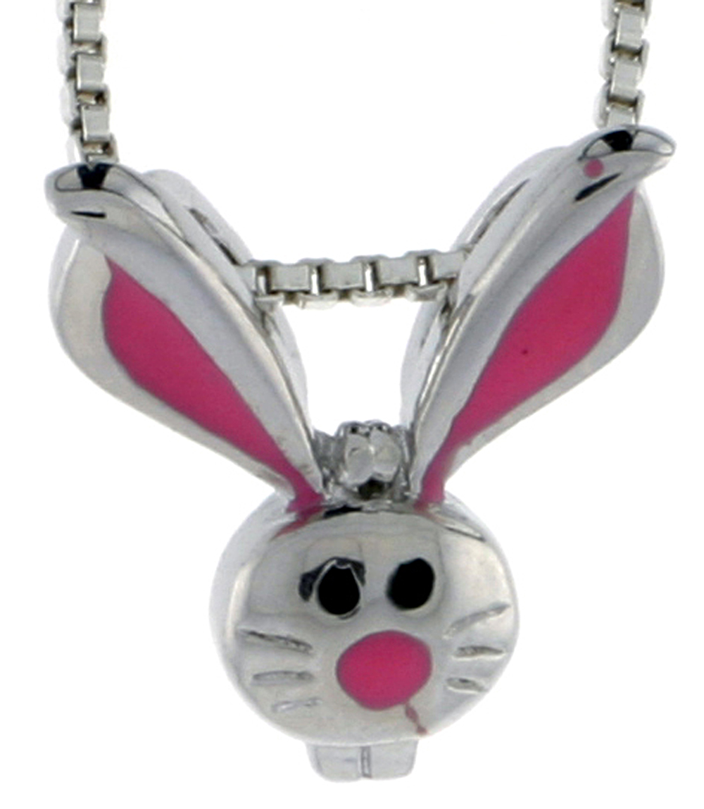 Sterling Silver Child Size Rabbit Head Pendant, w/ Pink Enamel Design, 9/16&quot; (15 mm) tall