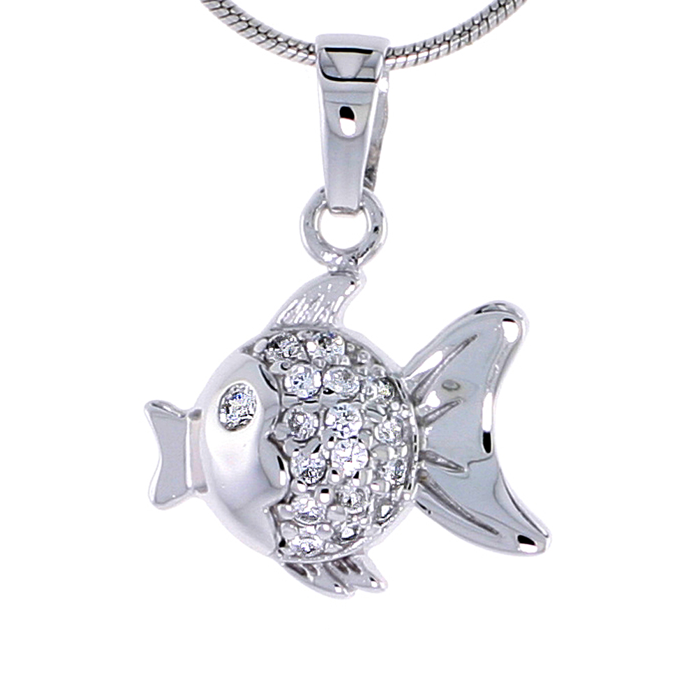 Sterling Silver Jeweled Fish Pendant, w/ Cubic Zirconia, 5/8" (16 mm)
