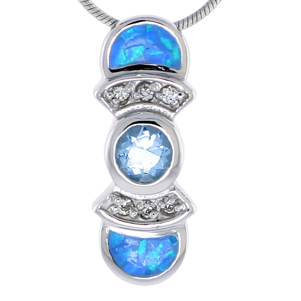 Sterling Silver Synthetic Opal Pendant w/ Aqua Color Cubic Zirconia, 7/8 inch