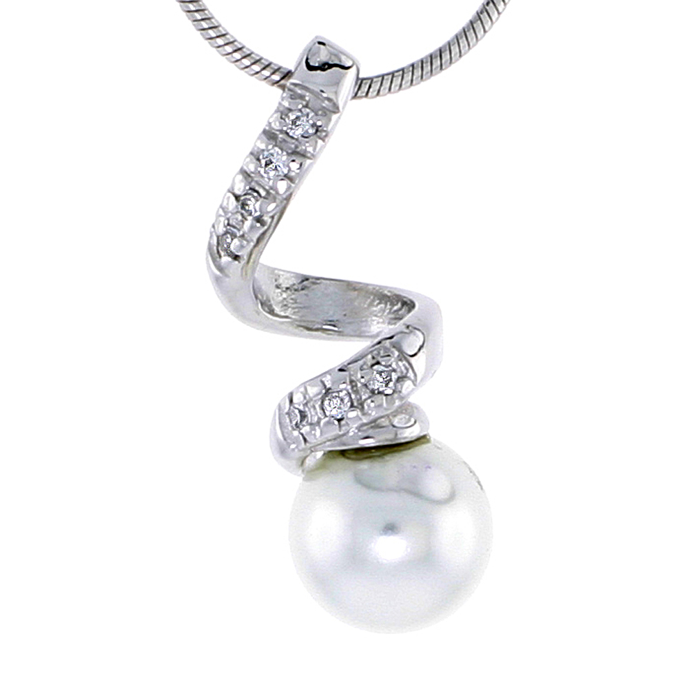 Sterling Silver Jeweled Spiral Pendant, w/ Faux Pearl & Cubic Zirconia, 15/16" (23 mm)