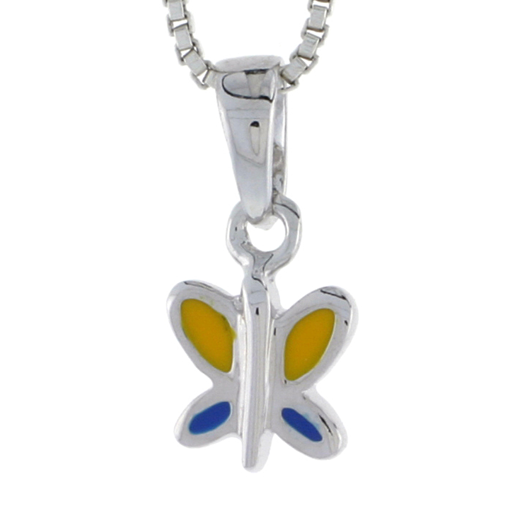 Sterling Silver Child Size Butterfly Pendant, w/ Blue & Yellow Enamel Design, 7/16" (11 mm) tall