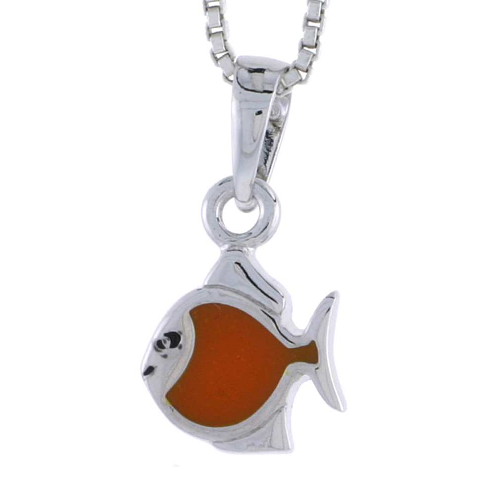 Sterling Silver Child Size Fish Pendant, w/ Orange Enamel Design, 1/2" (13 mm) tall