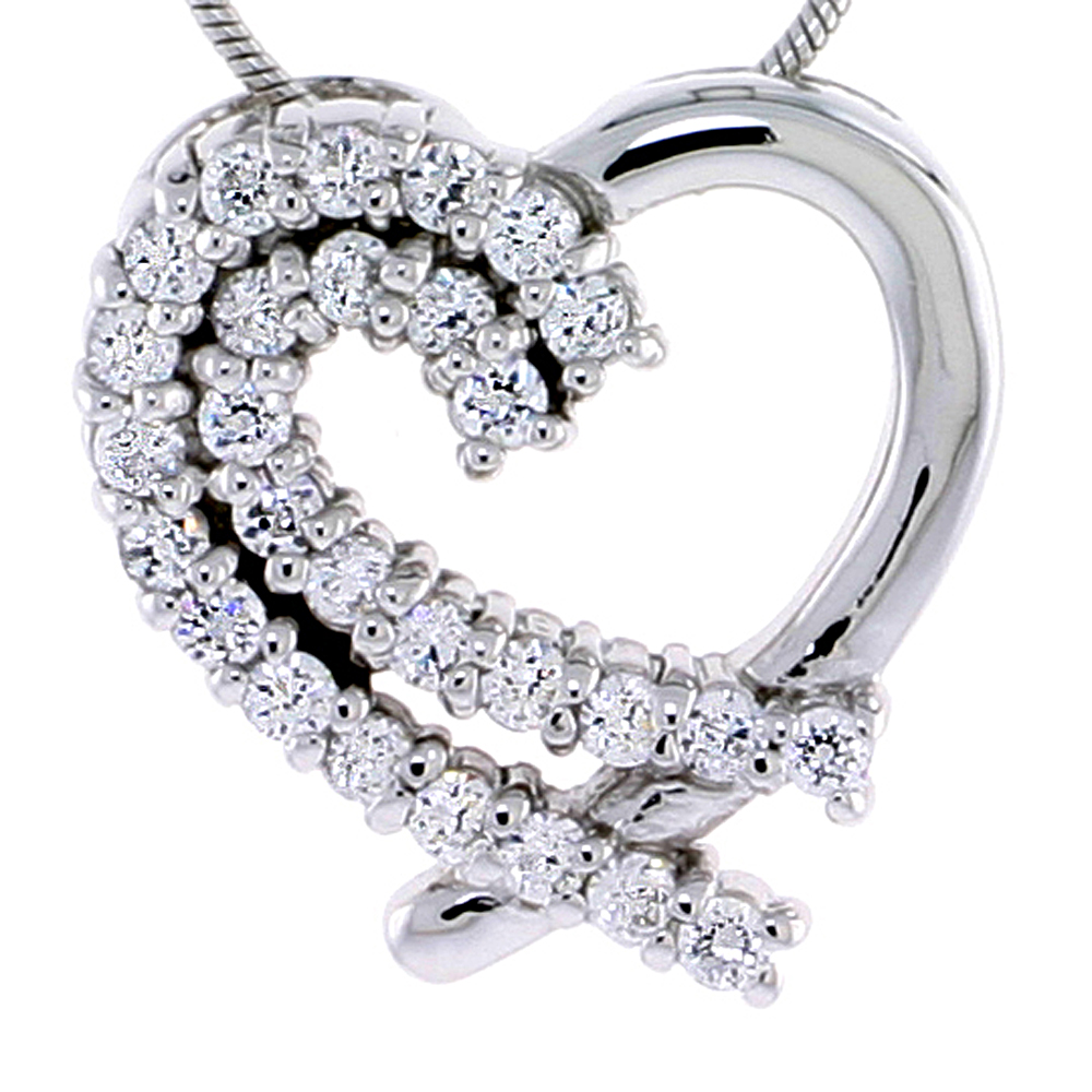 Sterling Silver Jeweled Heart Pendant, w/ Cubic Zirconia stones, 3/4" (20 mm) tall