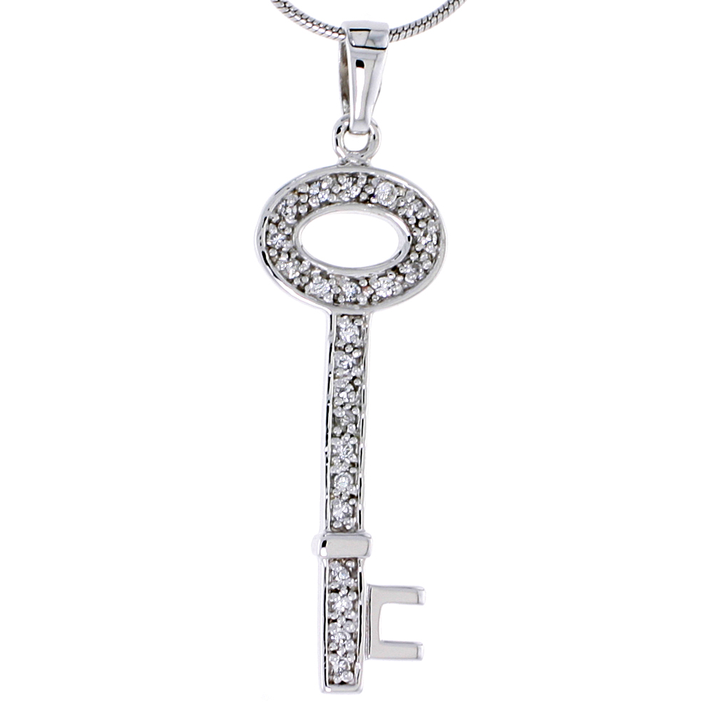 Sterling Silver Jeweled Key Pendant, w/ Cubic Zirconia stones, 1 7/16&quot; (27 mm) tall