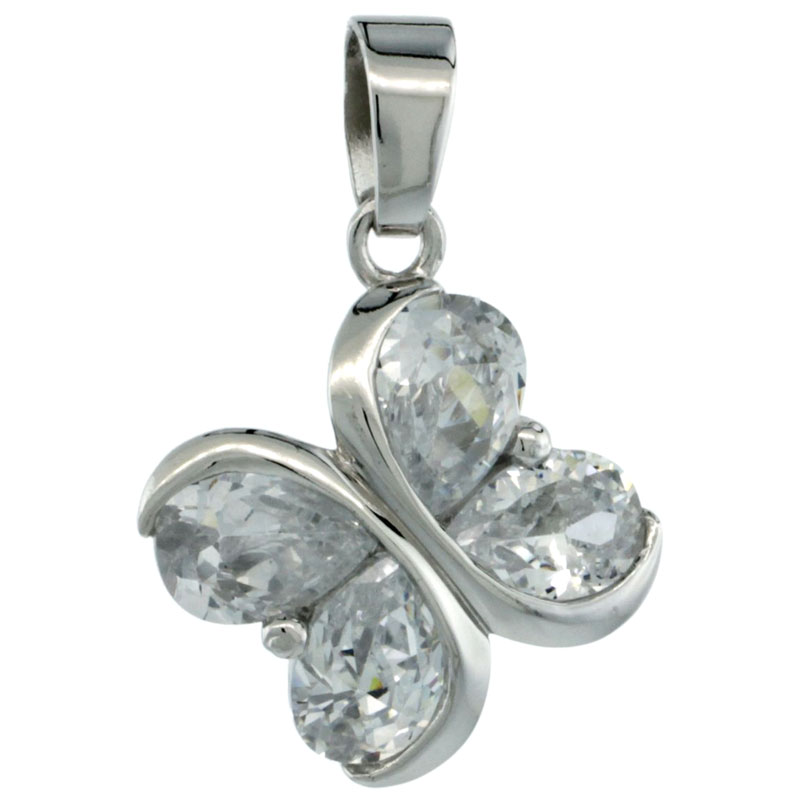 Sterling Silver Butterfly Pendant w/ Pear Cut CZ Stones, 5/8&quot; (16 mm) tall