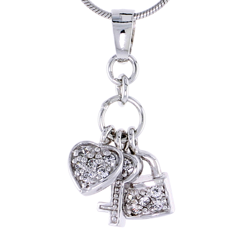 Sterling Silver Jeweled Pendant, w/ Heart Key Padlock & Cubic Zirconia, 13/16" (21 mm)