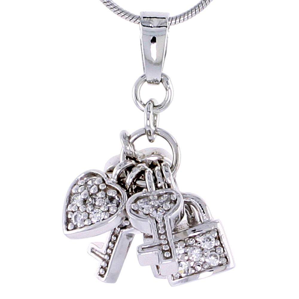 Sterling Silver Jeweled Pendant w/ Heart Key Padlock & Cubic Zirconia, 7/8" (22 mm)