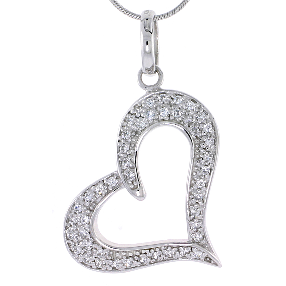 Sterling Silver Jeweled Heart Pendant, w/ Cubic Zirconia stones, 1 1/4" (31 mm) tall