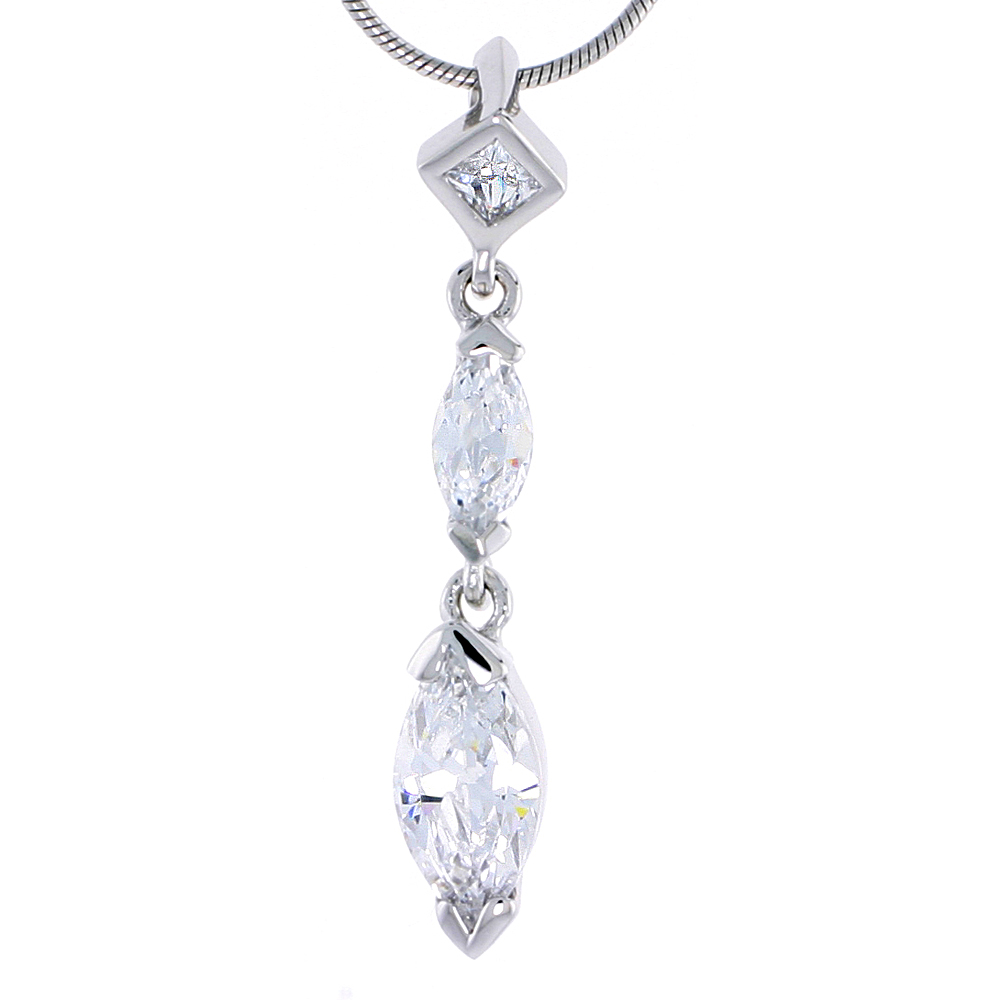 Sterling Silver Jeweled Pendant, w/ Marquise &amp; Square Cubic Zirconia, 1 7/16&quot; (36 mm)
