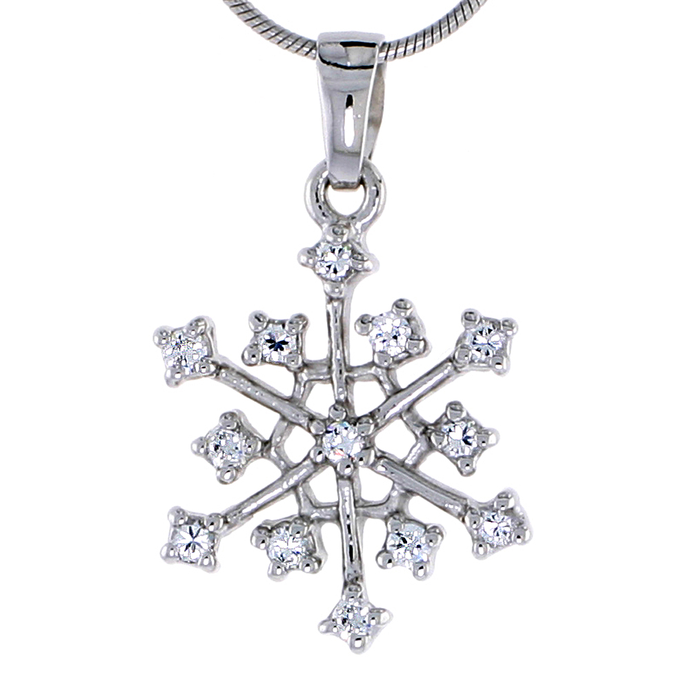Sterling Silver Jeweled Snowflake Pendant, w/ Cubic Zirconia stones, 7/8&quot; (23 mm)