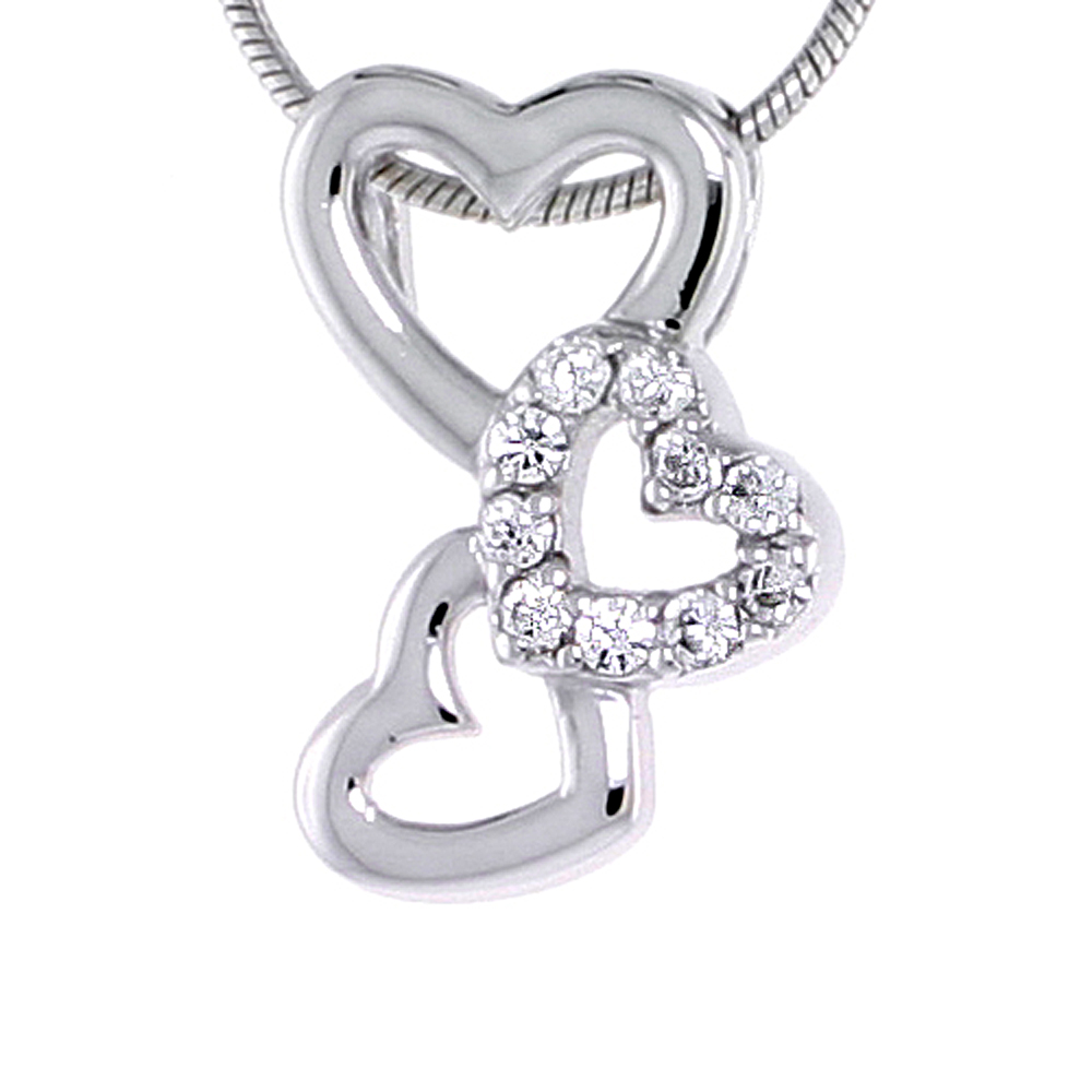 Sterling Silver Jeweled Hearts Pendant, w/ Cubic Zirconia stones, 11/16&quot; (18 mm)