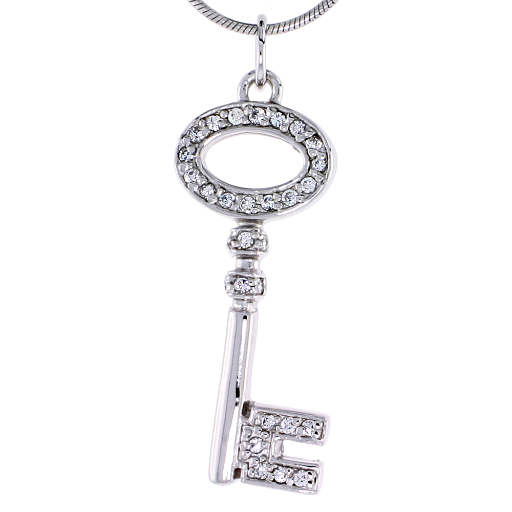 Sterling Silver Jeweled Key Pendant, w/ Cubic Zirconia stones, 1 1/4" (32 mm) tall