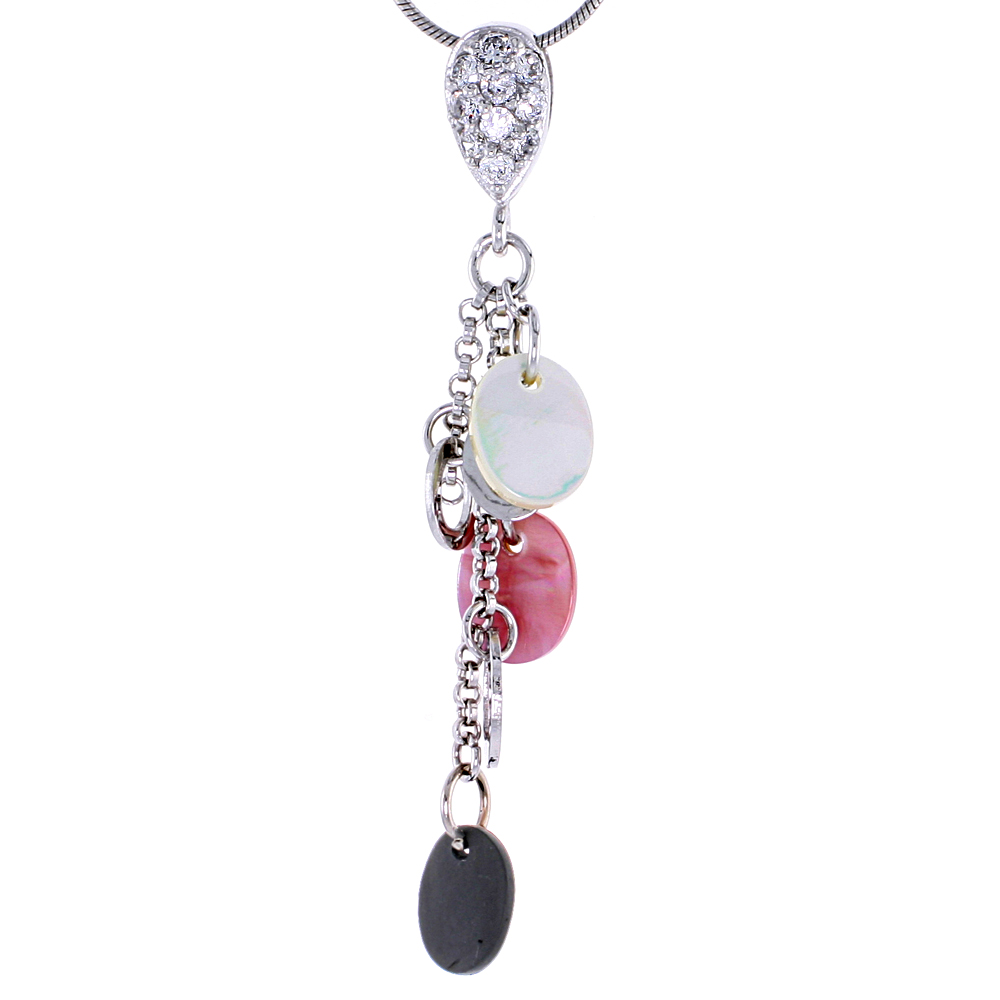 Sterling Silver Jeweled Pendant, w/ Mother of Pearl &amp; Cubic Zirconia, 2 3/16&quot; (56 mm) tall