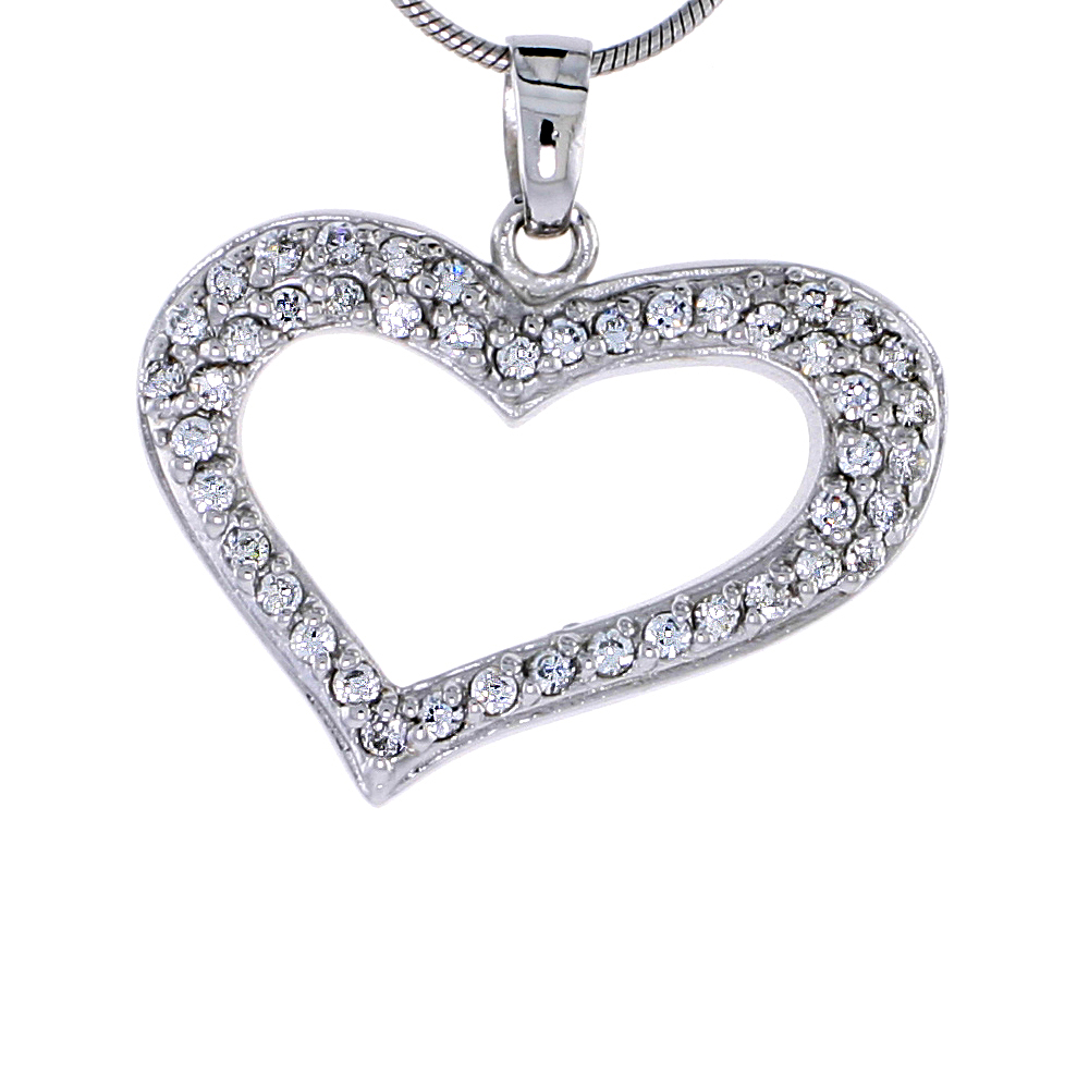 Sterling Silver Jeweled Heart Pendant w/ Cubic Zirconia stones, 7/8&quot; (22 mm)
