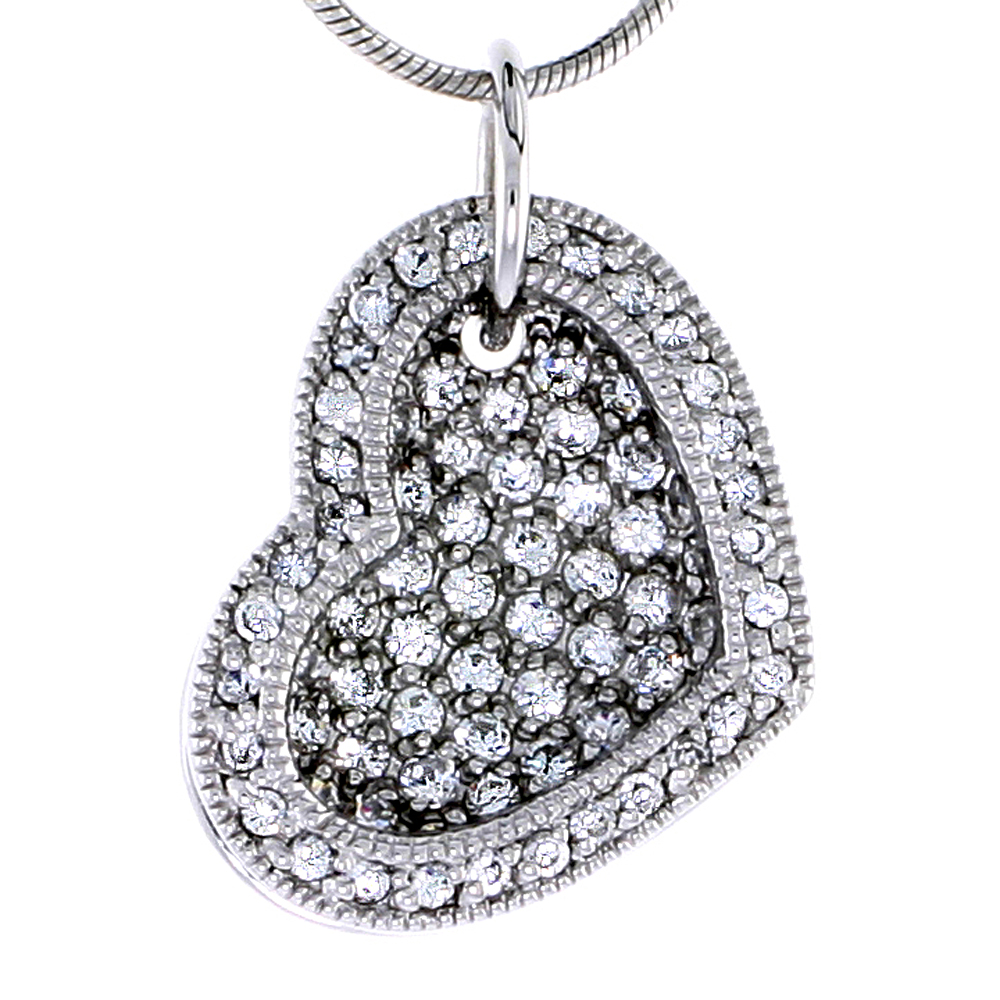 Sterling Silver Jeweled Heart Pendant w/ Cubic Zirconia stones, 3/4" (19 mm)
