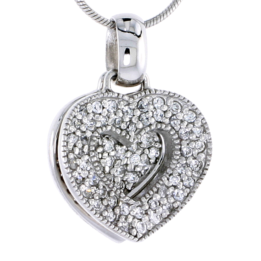 Sterling Silver Jeweled Heart Pendant, w/ Cubic Zirconia stones, 3/4" (19 mm)