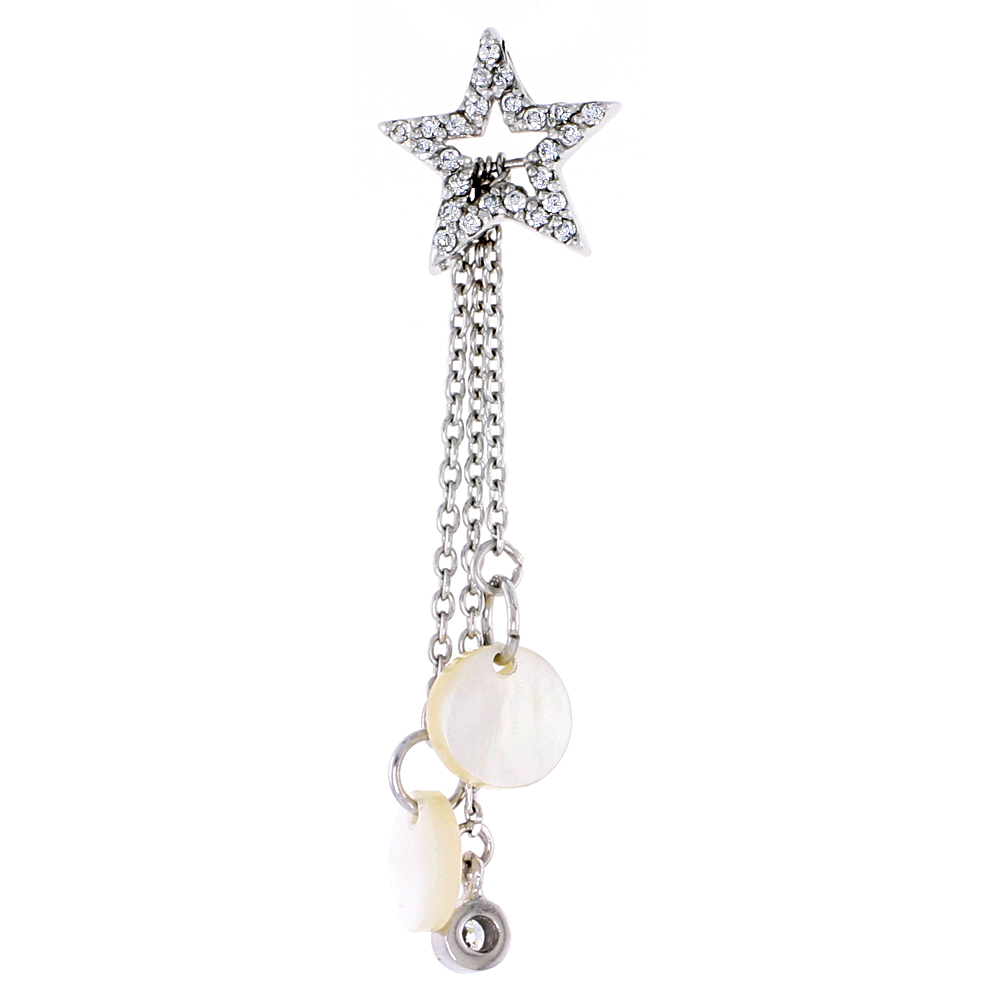 Sterling Silver Jeweled Star Pendant, w/ Mother of Pearl &amp; Cubic Zirconia, 2&quot; (51 mm) tall