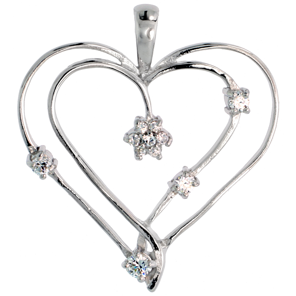 Sterling Silver Jeweled Heart Pendant, w/ Cubic Zirconia stones, 1 3/8" (34 mm)