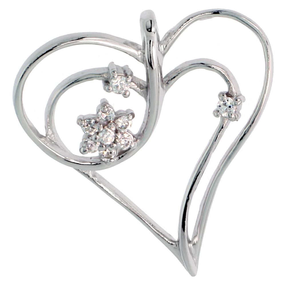 Sterling Silver Jeweled Heart Pendant, w/ Cubic Zirconia stones, 1 1/8" (29 mm)