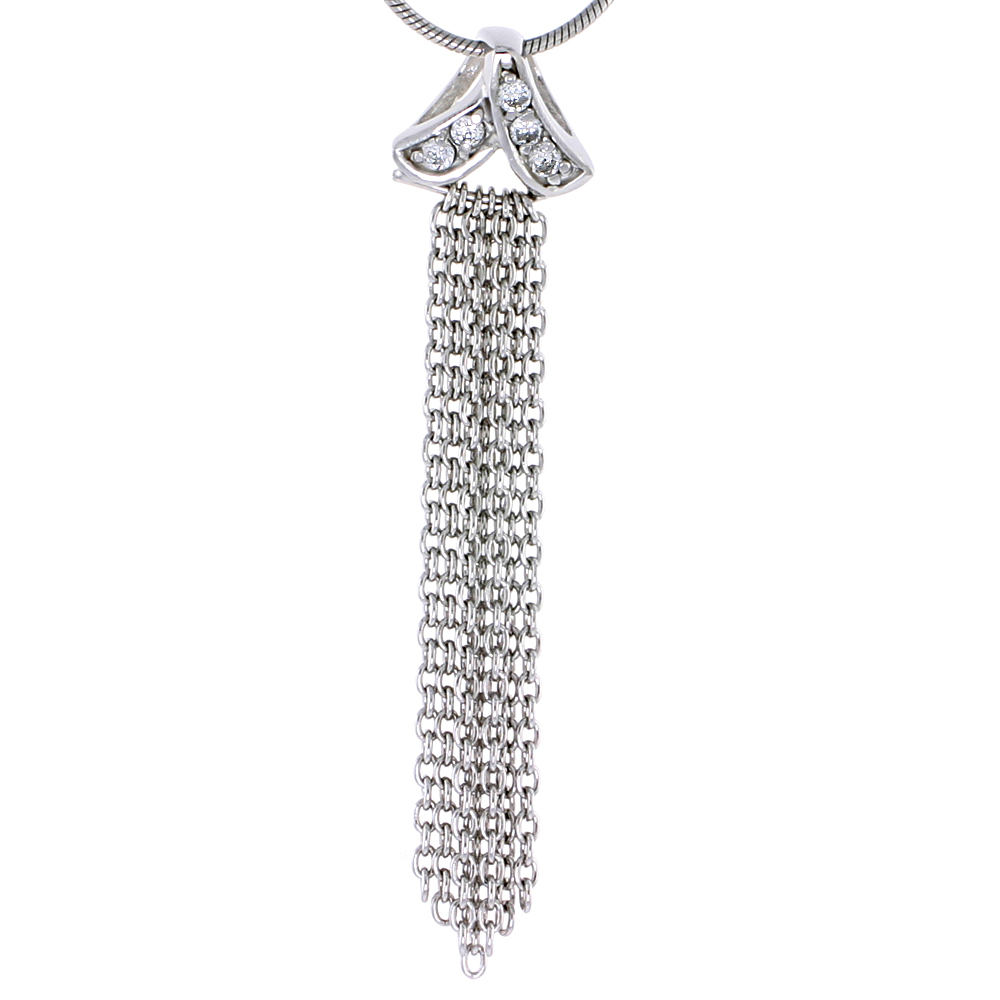 Sterling Silver Jeweled Pendant w/ Rolo Chain & Cubic Zirconia, 1 15/16" (49 mm)