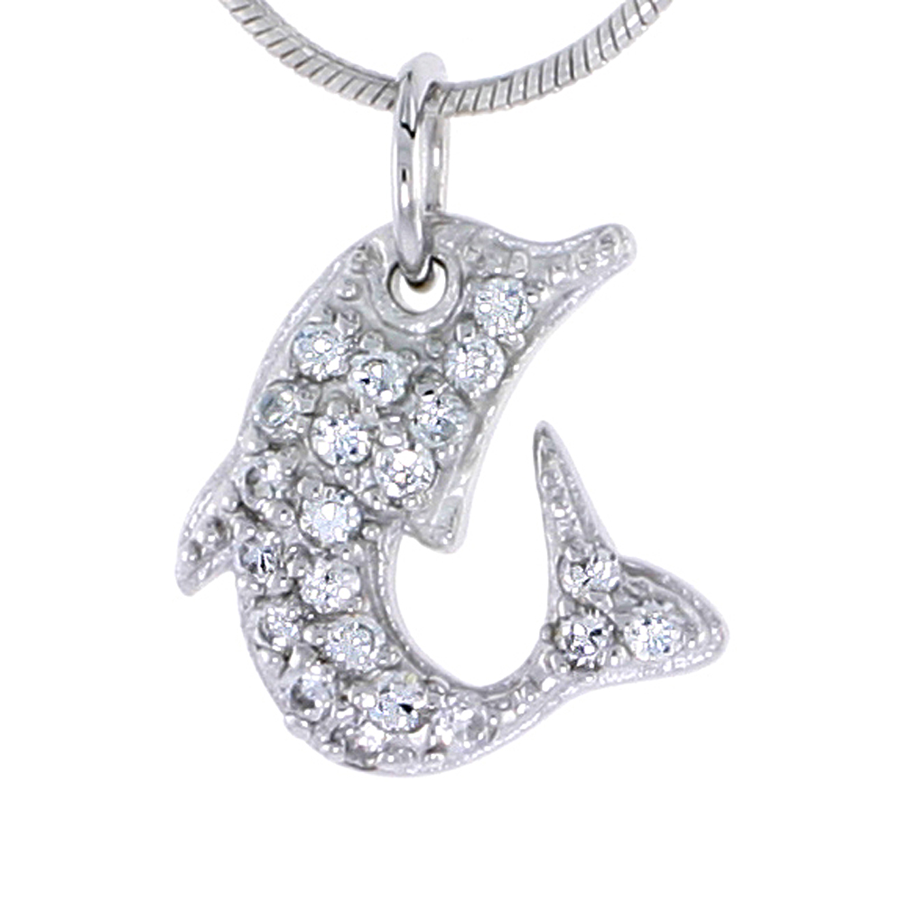 Sterling Silver Jeweled Dolphin Pendant, w/ Cubic Zirconia stones, 9/16&quot; (15 mm) tall