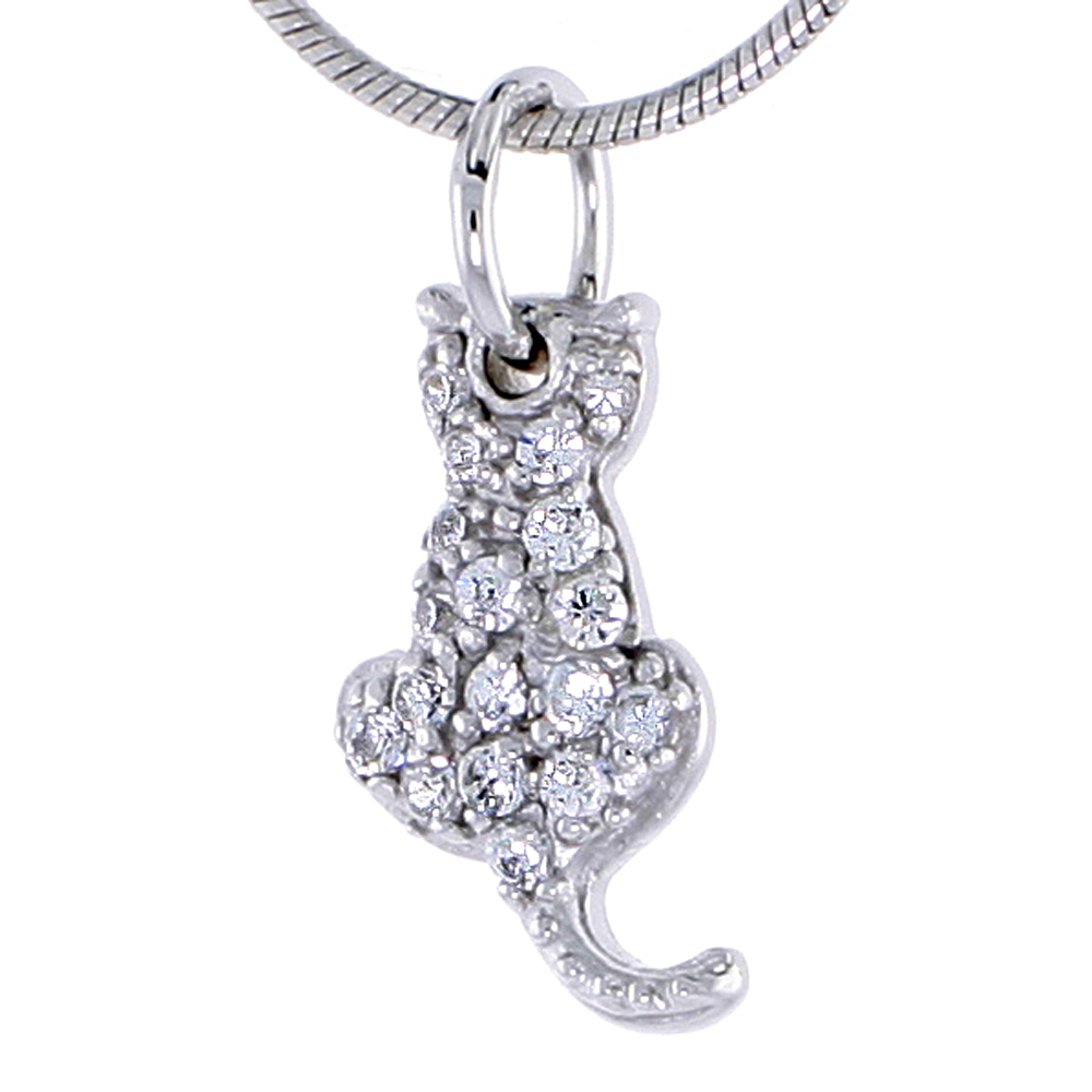Sterling Silver Jeweled Sitting Cat Pendant, w/ Cubic Zirconia stones, 9/16" (15 mm) tall