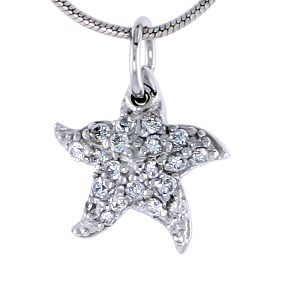 Sterling Silver Jeweled Starfish Pendant, w/ Cubic Zirconia stones, 1/2" (13 mm) tall