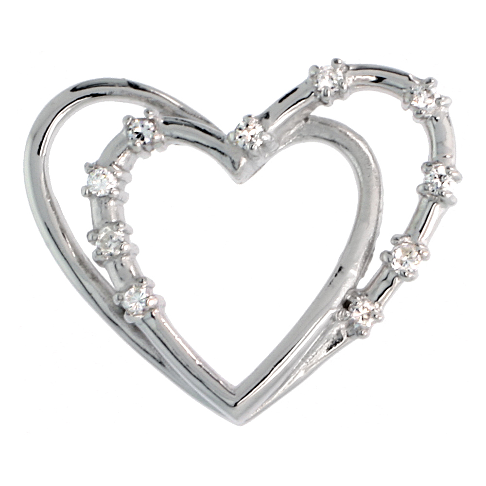 Sterling Silver jeweled Heart Pendant, w/ Cubic Zirconia stones, 13/16" (21 mm)