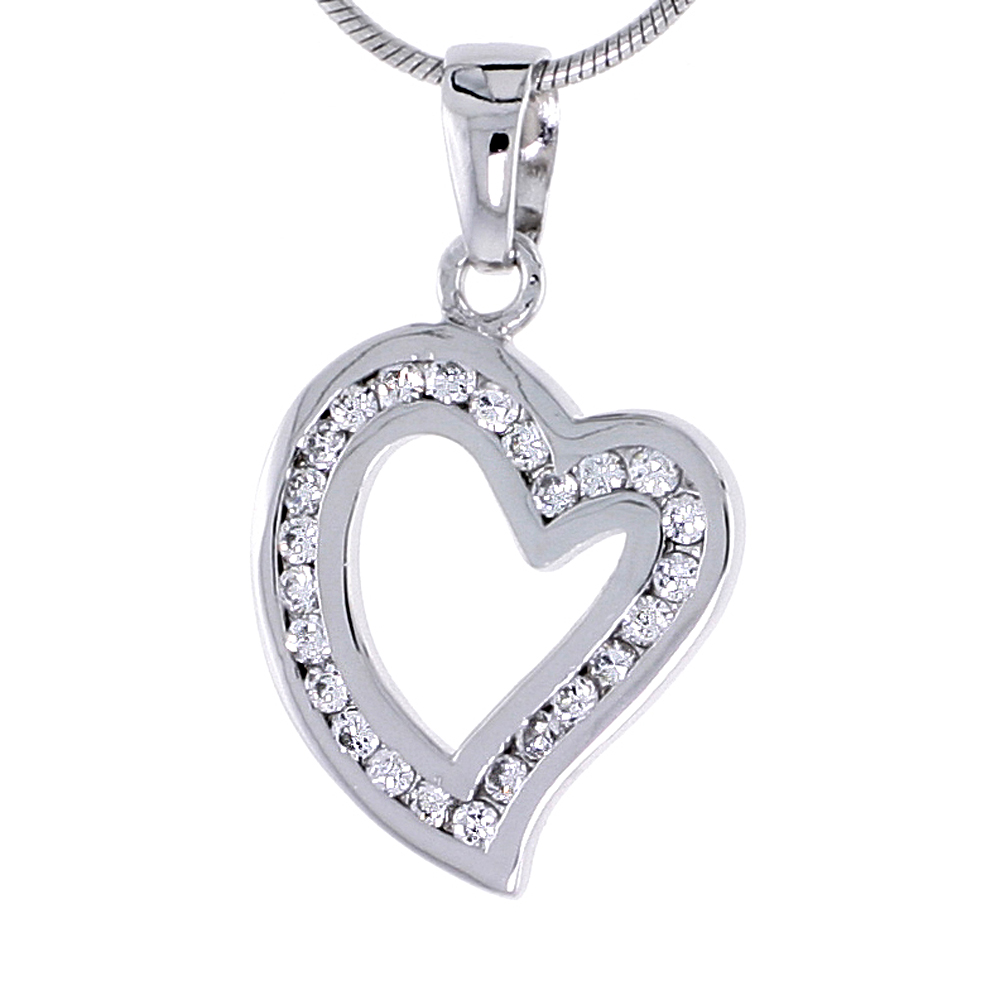Sterling Silver Jeweled Heart Pendant, w/ Cubic Zirconia stones, 13/16&quot; (21 mm) tall