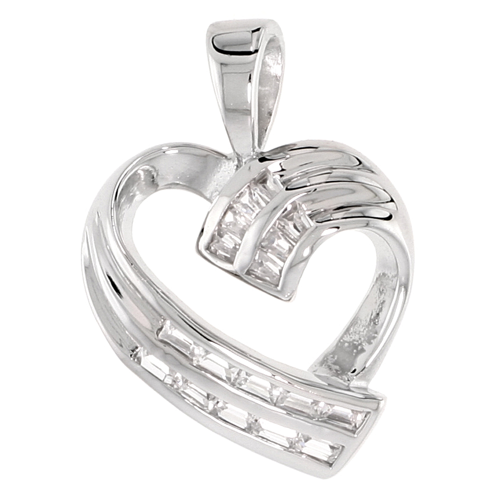 Sterling Silver Jeweled Heart Pendant, w/ Baguette Cubic Zirconia, 3/4 (20 mm)