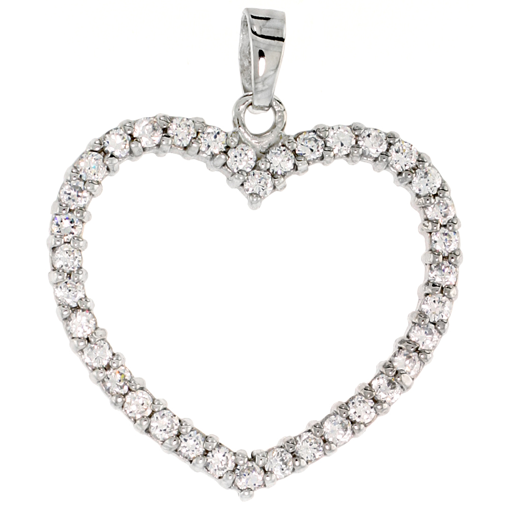 Sterling Silver Jeweled Heart Pendant, w/ Cubic Zirconia stones, 1 1/8 (28 mm)