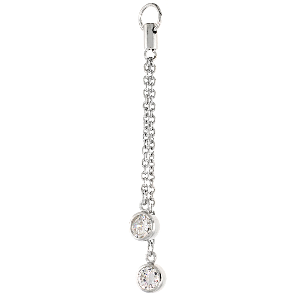 Sterling Silver Jeweled Pendant, w/ Rolo chain &amp; Round Cubic Zirconia, 2 3/16 (55 mm)