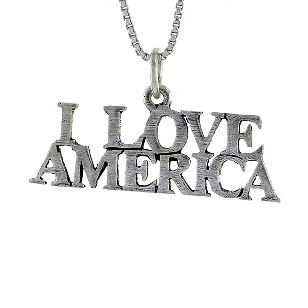 Sterling Silver I LOVE AMERICA Word Necklace on an 18 inch Box Chain