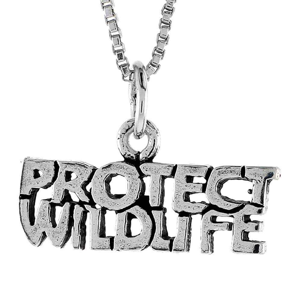 Sterling Silver PROTECT WILDLIFE Word Necklace on an 18 inch Box Chain