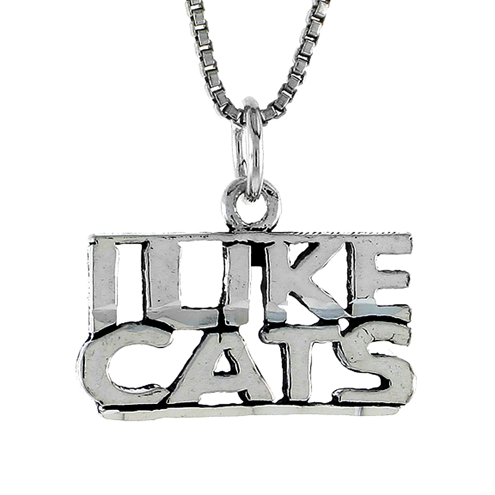 Sterling Silver I LIKE CATS Word Necklace on an 18 inch Box Chain