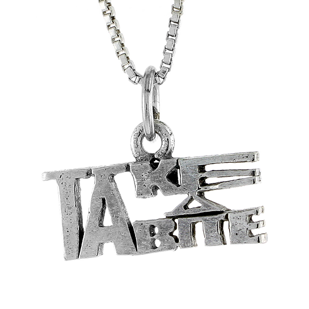 Sterling Silver TAKE A BITE Word Necklace on an 18 inch Box Chain