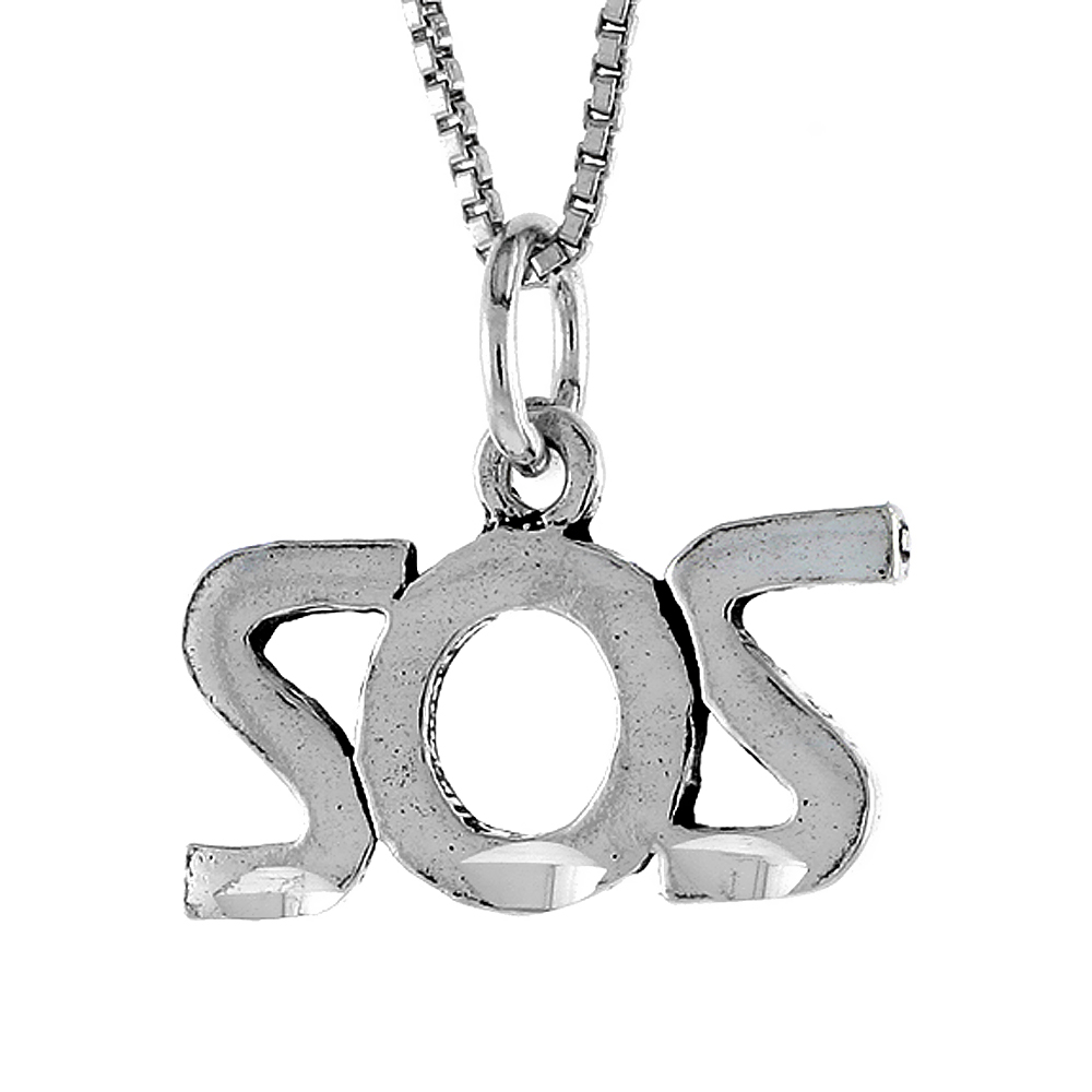 Sterling Silver SOS Word Necklace on an 18 inch Box Chain