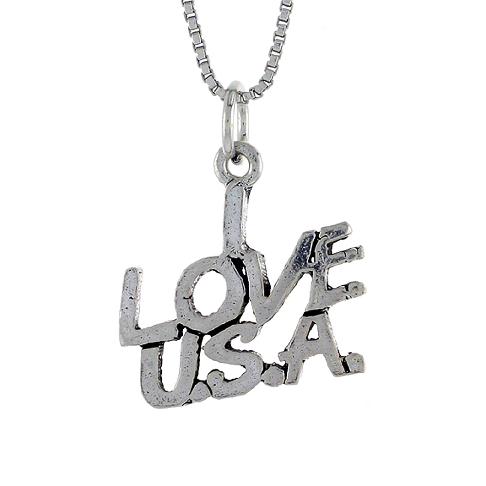 Sterling Silver I LOVE USA Word Necklace on an 18 inch Box Chain