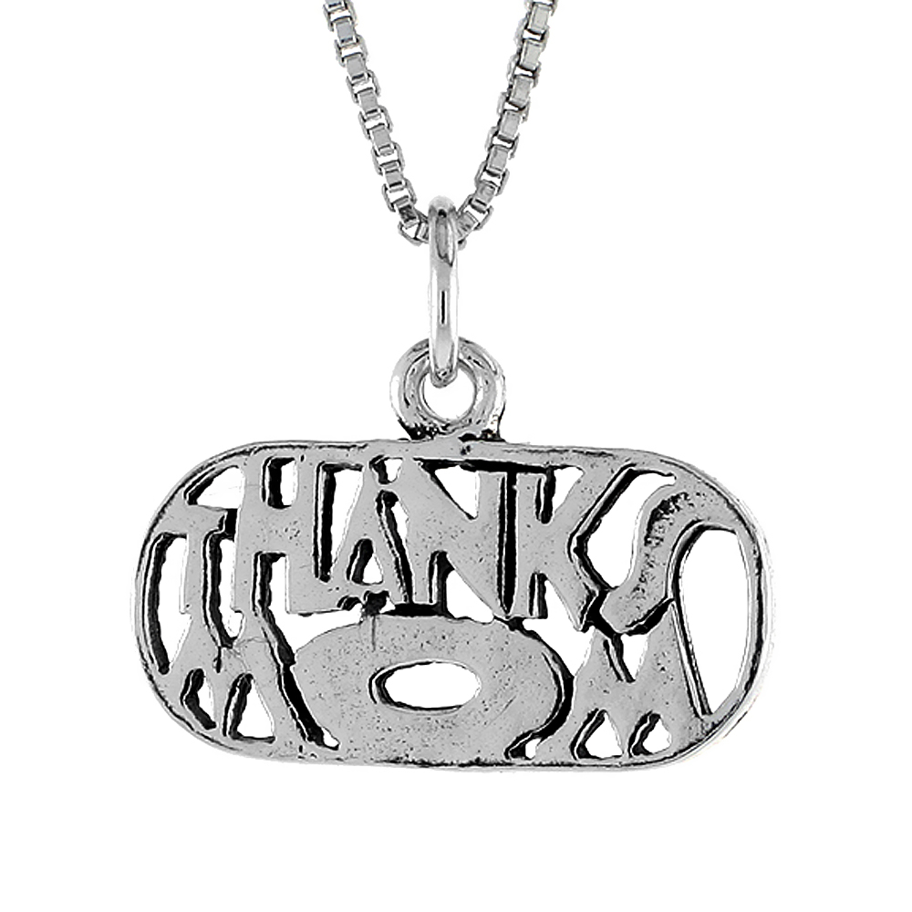 Sterling Silver THANKS MOM Word Necklace on an 18 inch Box Chain