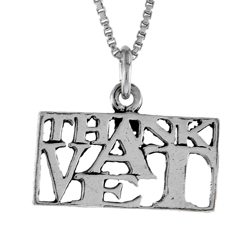 Sterling Silver THANK A VET Word Necklace on an 18 inch Box Chain