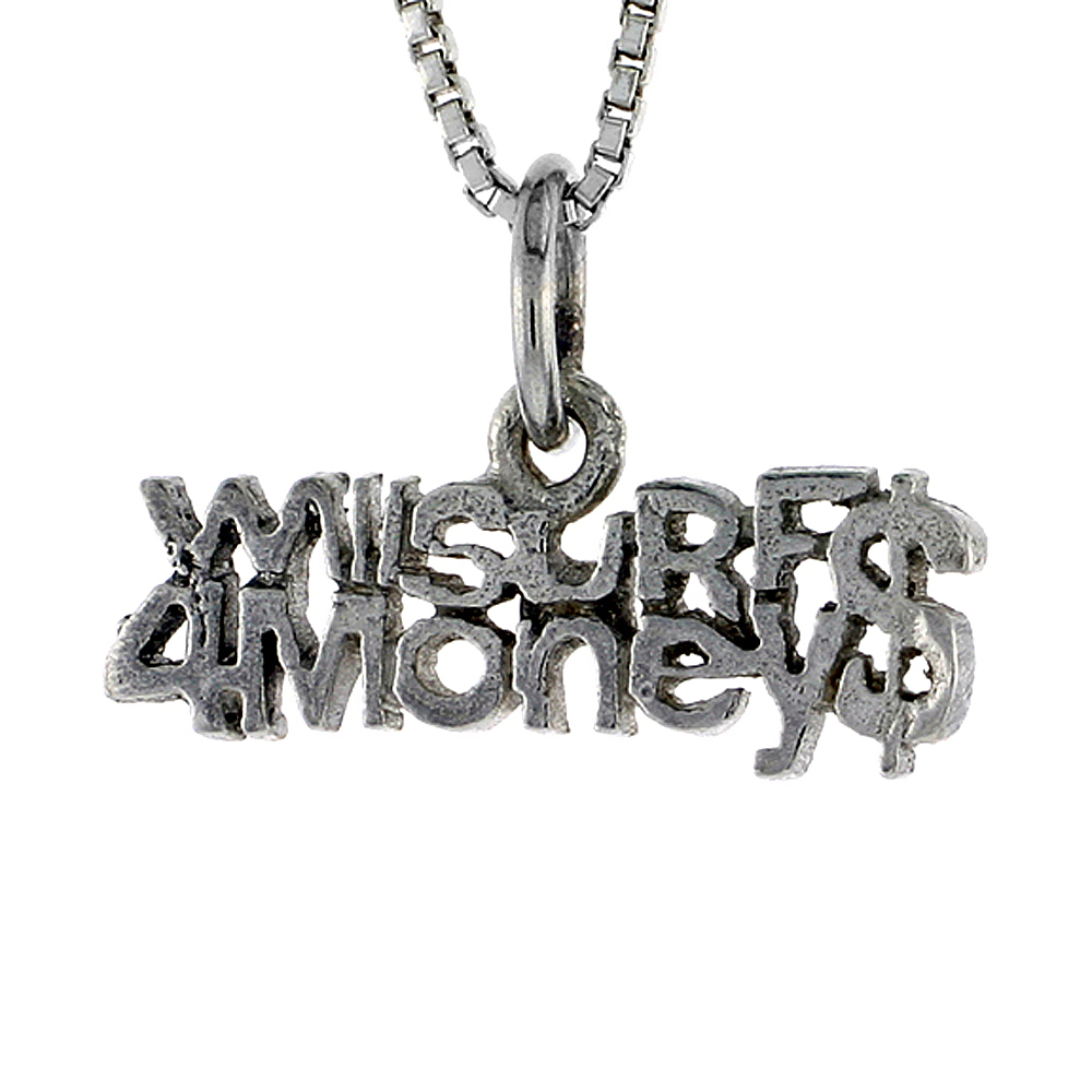 Sterling Silver I SURF FOR MONEY Word Necklace on an 18 inch Box Chain