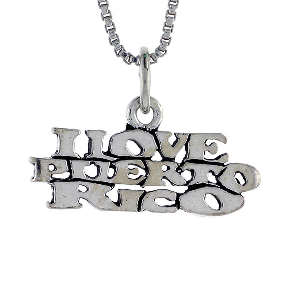 Sterling Silver I LOVE PUERTO RICO Word Necklace on an 18 inch Box Chain