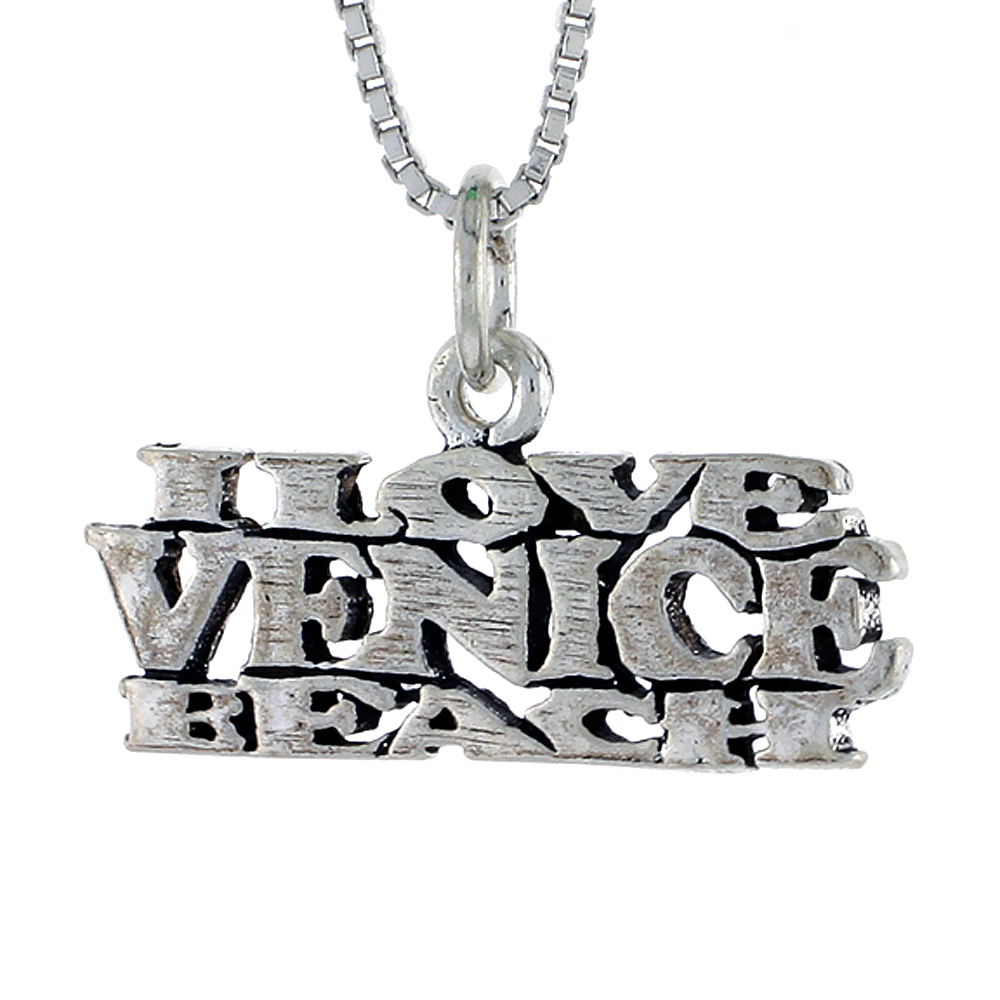 Sterling Silver I LOVE VENICE BEACH Word Necklace on an 18 inch Box Chain