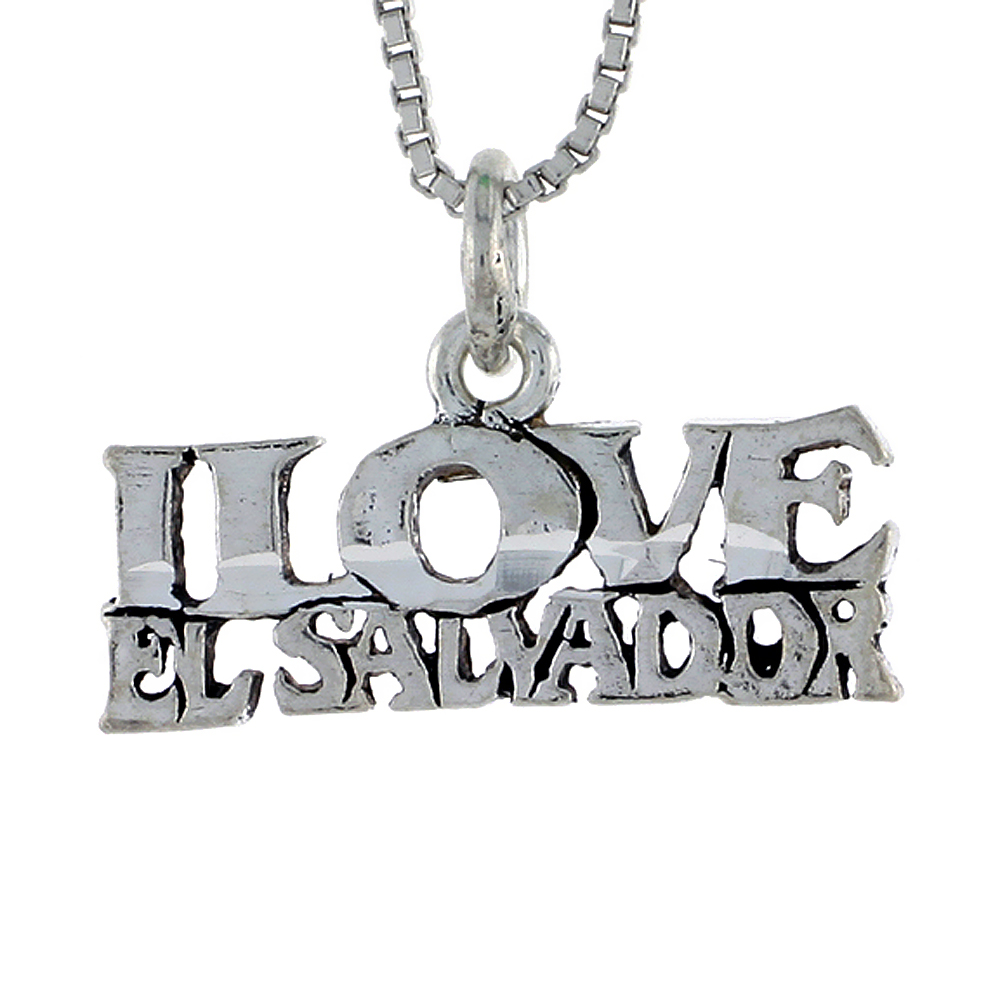 Sterling Silver I LOVE EL SALVADOR Word Necklace on an 18 inch Box Chain