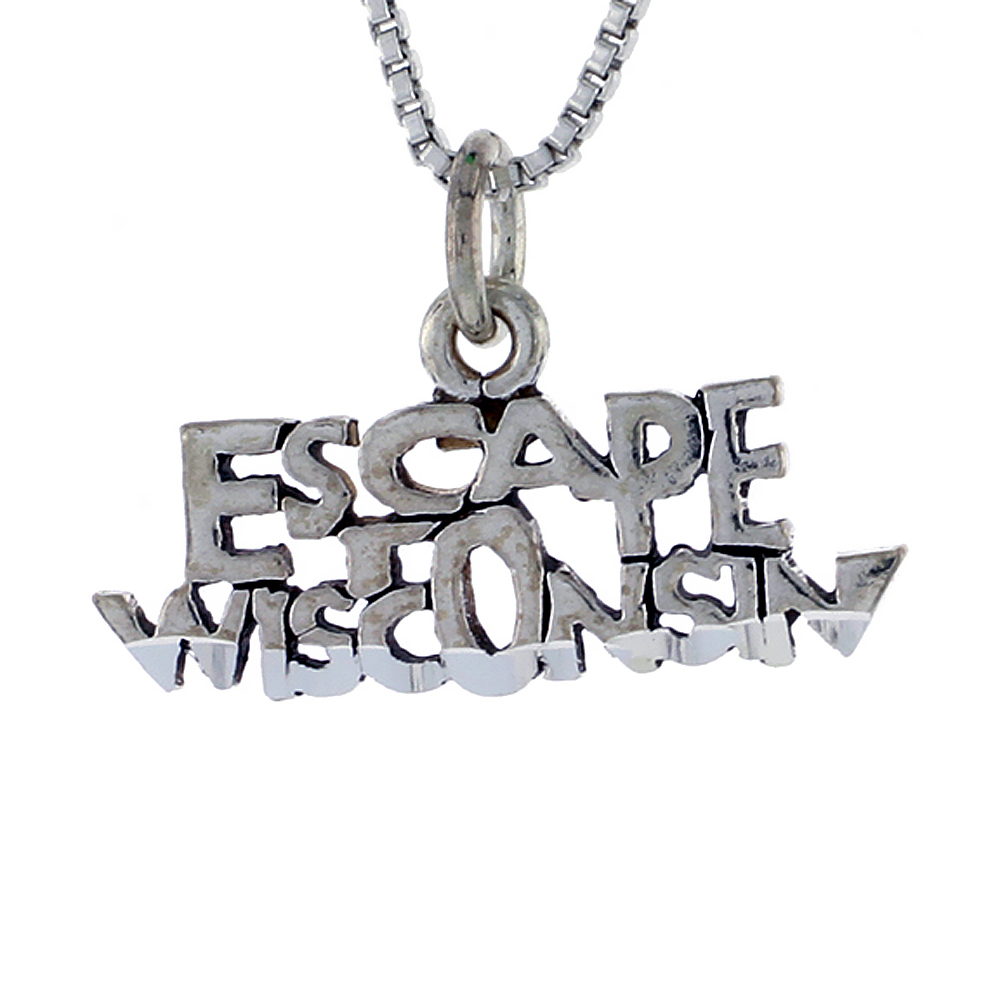Sterling Silver ESCAPE WISCONSIN Word Necklace on an 18 inch Box Chain
