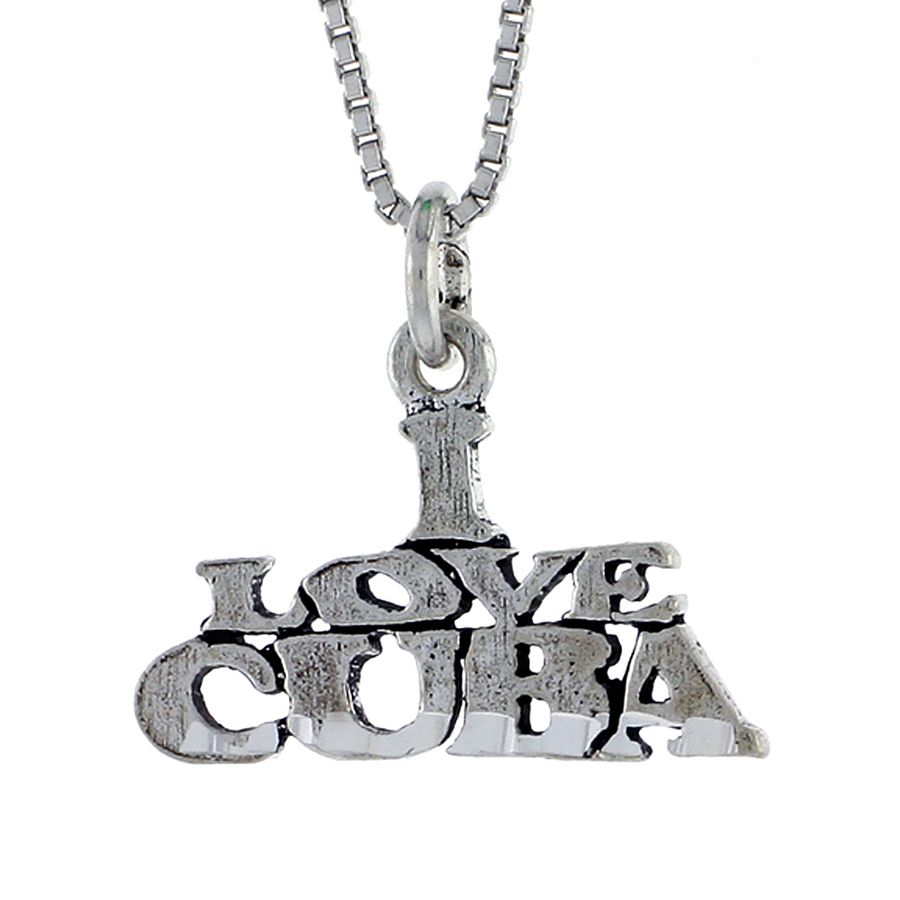 Sterling Silver I LOVE CUBA Word Necklace on an 18 inch Box Chain