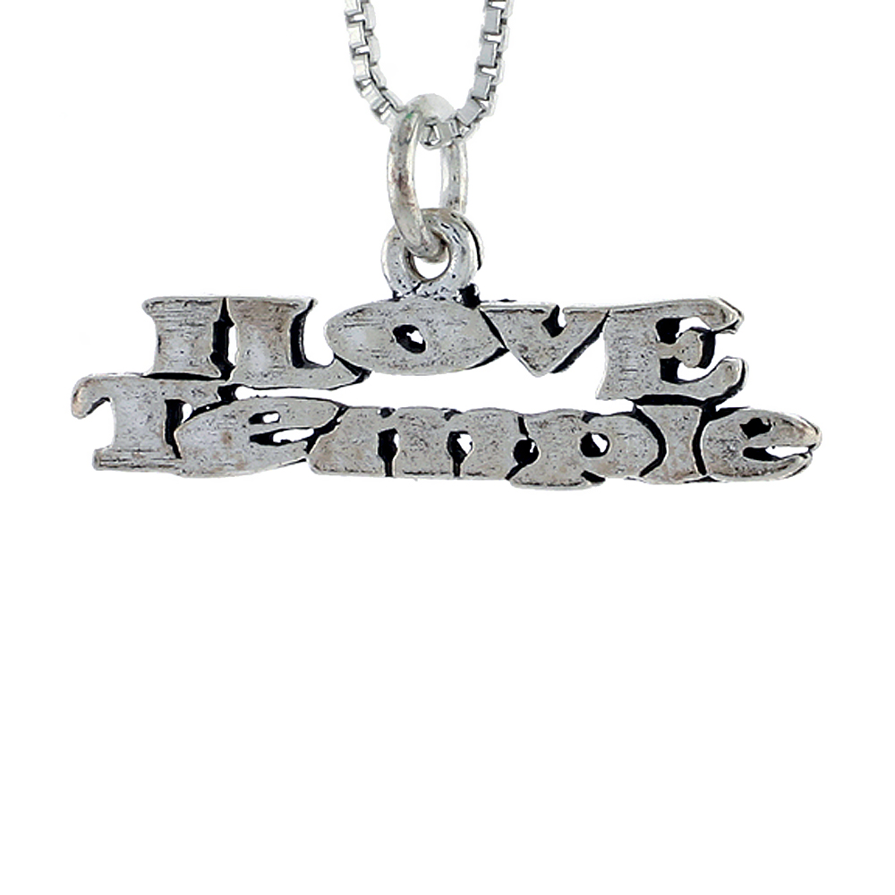 Sterling Silver I LOVE TEMPLE Word Necklace on an 18 inch Box Chain